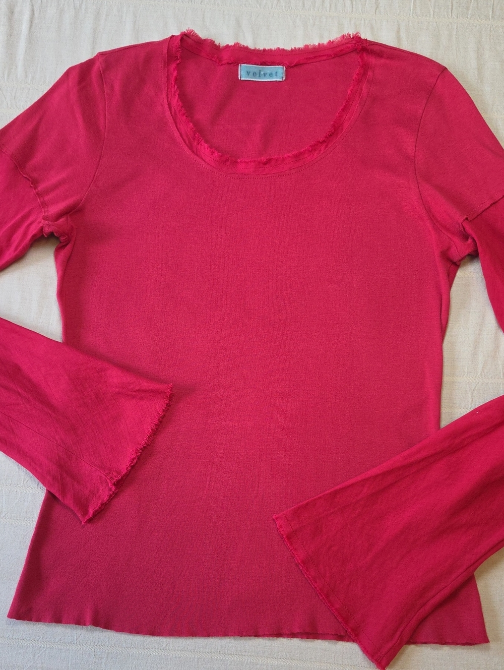 Velvet Burnt Red Long Sleeve Scoop Neck Top Size Large (See Measurements)